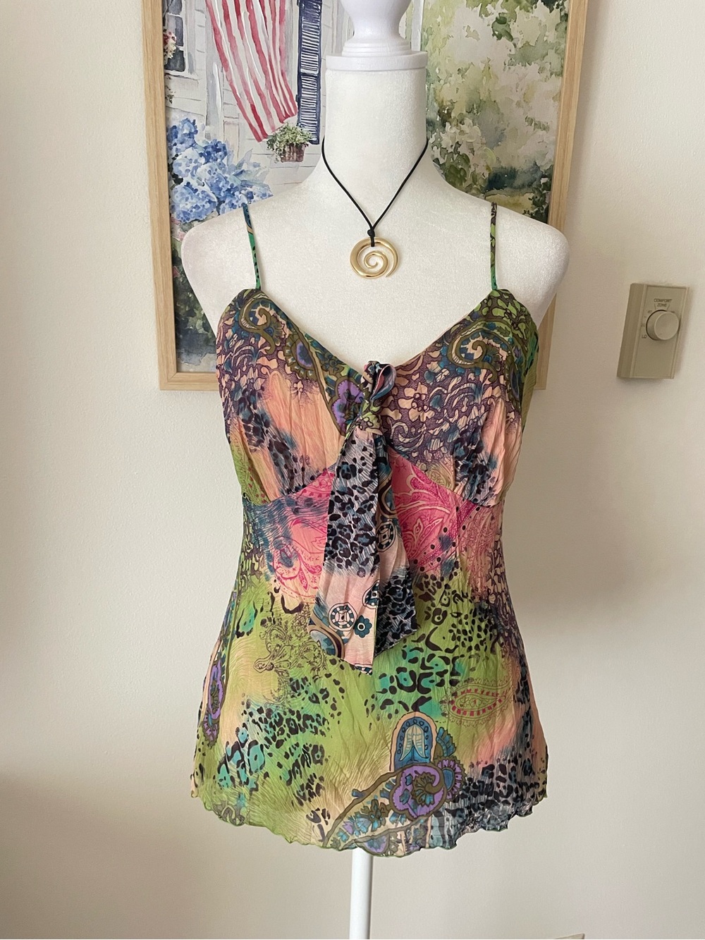 Bisou Bisou Vintage Y2K Colorful Leopard Floral Tie Front Cami Tank Top in US 4